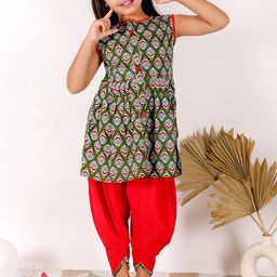Superminis Girls Ethnic Printed Sleeveless Pure Cotton Kurti with Salwar-image-35