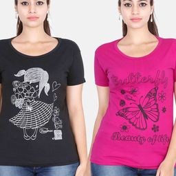 Fleximaa Women Black & Magenta Pack Of 2 Printed Cotton T-shirt-27