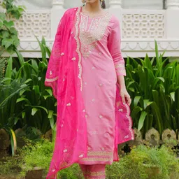 Indo Era Ethnic Motifs Embroidered Thread Work Kurta with Trousers & Dupatta-11