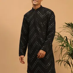 Shrestha By Vastramay Men's Black Mirror Work Georgette Straight Kurta-picture-11