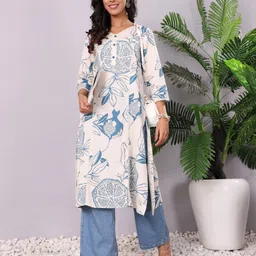 Varanga Floral Printed V-Neck Sequinned Panelled Cotton A-Line Kurta-3
