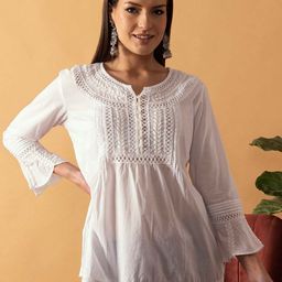 ADA Women White Chikankari Hand Embroidered Pure Cotton Semi-Sheer A-Line Sustainable Handloom Kurti-3