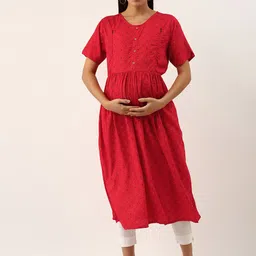Nejo Women Red Geometric Printed Maternity Kurta-8