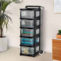 Kuber Industries Transparent Black 5Layer Heavy Modular Cabinet Storage Drawer with Wheels-54
