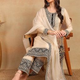 House of Pataudi Embroidered Regular Kurta with Trousers & With Dupatta-image-36