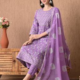 Bhoolft Floral Printed Round Neck Gotta Patti Panelled A-Line Kurta With Trouser & Dupatta-image-84