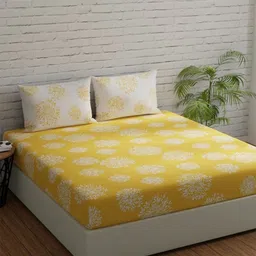 Huesland Comfort Yellow & White Floral 144 TC Cotton King Bedsheet With 2 Pillow Covers-image-62