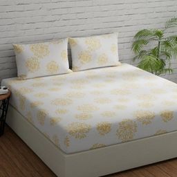 Huesland White & Yellow Floral Cotton 144 TC King Bedsheet With 2 Pillow Covers-image-63