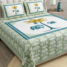 BELLA CASA White Green 180 TC Cotton King Bedsheet with 2 Pillow Covers-picture-48
