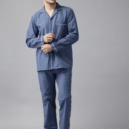 English Navy Checked Lapel Collar Relaxed Fit Night suit-image-15