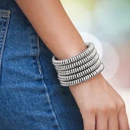 RubansSilver-Plated Glossy Silver Beaded Multi-Layered Coiled Bracelet-47