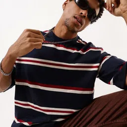 High Star Men Striped Round Neck Pure Cotton Oversized T-shirt-picture-14
