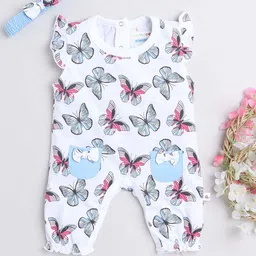 BUMZEE Infant Girls Conversational Printed Cotton Rompers With Headband-image-70