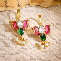 Rubans 22K Gold-Plated Ruby, Emerald & Kundan Lotus Motif Minimal Ear Cuff with Pearl Drop image 3