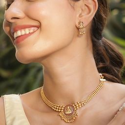 Rubans 22KT Gold Plated Brass Red Stone Studded Lakshmi Motif Temple Necklace Set-10