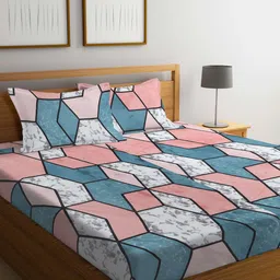 KLOTTHE White & Blue Geometric 300 TC King Bedsheet with 2 Pillow Covers-image-96