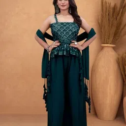PARROT CREATION Embroidered Regular Sequinned Kurti with Sharara & Dupatta-image-69