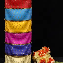 NMII Set of 2 Kundan-Studded  Zari Pattern and Ball Chain Linked Worked Bangles image 3