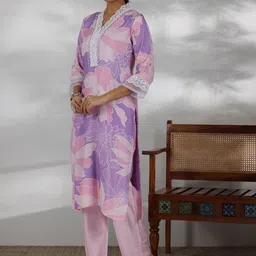 Libas Floral Printed V-Neck Straight Kurta with Trouser & Dupatta image 3