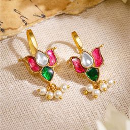 Rubans 22K Gold-Plated Ruby, Emerald & Kundan Lotus Motif Minimal Ear Cuff with Pearl Drop image 2