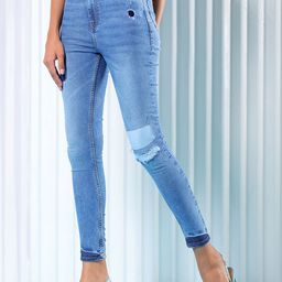 Freehand by The Indian Garage Co Women Blue Slim Fit High-Rise Low Distress Light Fade Stretchable Jeans-image-77