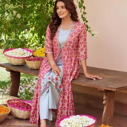 AURELIA Women Pink Printed Layered Thread Work Liva Kurta with Trousers-picture-32