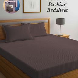 Arrabi Bookfold Brown Striped 300 TC King Bedsheet With 2 Pillow Covers-image-34