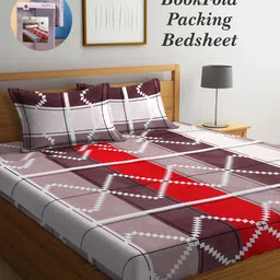 Arrabi Bookfold Brown & Red Geometric 300 TC King Bedsheet With 2 Pillow Covers-image-39
