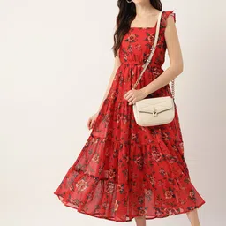 DressBerry Red Floral Printed Tiered Detailed Square Neck Fit & Flare Dress-picture-26