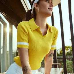 Bombay High Women Ribbed Solid Polo T-shirt with Contrast Tipping-image-70