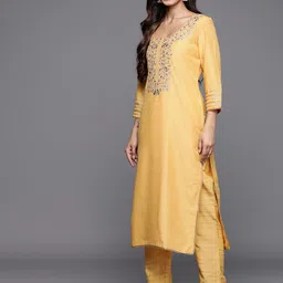 Libas Floral Yoke Design Thread Work Kurta with Trousers & With Dupatta image 4