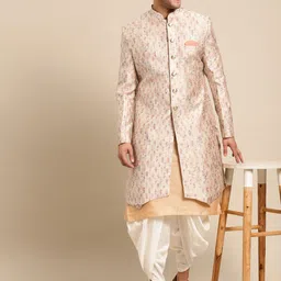 KISAH Men Cream-Coloured & Gold-Toned Printed Cotton Sherwani Set-picture-39