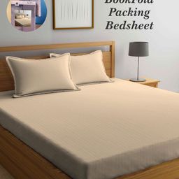 Arrabi Bookfold Cream Striped 300 TC King Bedsheet With 2 Pillow Covers-image-33