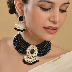 Fida Gold-Plated Black Beaded Layered Choker Necklace & Earrings Jewellery Set-image-87