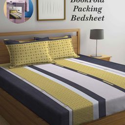 Arrabi Bookfold Yellow & Grey Striped 300 TC King Bedsheet With 2 Pillow Covers-image-54