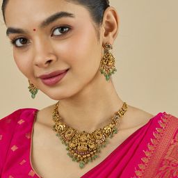 Kushal's Fashion Jewellery Ruby-Green Gold-Plated Ethnic Antique Jewellery Set-image-27