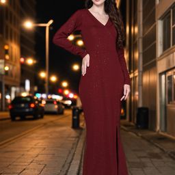 Ziva Fashion Self Design V-Neck Long Sleeve Shimmery Maxi Dress-image-47