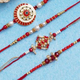 eCraftIndia Set of 4 Red & Golden Beads & Pearls Designer Rakhis With Roli Chawal Pack-image-50