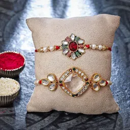 Sukkhi Rakhi Set Of 2 Gold-Plated Stone-Studded Rakhis With Roli, Rice & Greeting Card-image-68