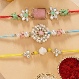 KARATCART Set of 3 Pink Carved Stone Kundan Rakhis with Roli & Chawal-image-87
