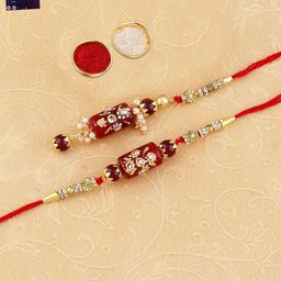 Silver Shine Pack Of 2 Rakhi For Bhabhi Bhaiya With Roli Chawal Card Pooja Thali Gift Set-15