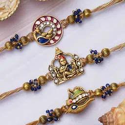 eCraftIndia Unisex Set of 3 Kalash Flute & Peacock Rakhis With Roli Chawal-image-37
