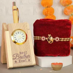 TIED RIBBONS Ganesha Beaded Rakhi With Penstand Clock & Card Gift Set-image-68