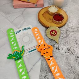 EL REGALO Kids Set Of 2  Dinosaur Design Slap Band Rakhi With Roli Chawl & Card Gift Set-0