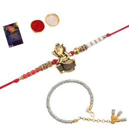 Silver Shine Red Set Of 2 Rakhi Combo With Roli Chawal & Greeting Card-image-89