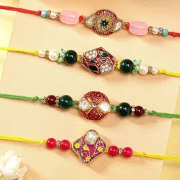 KARATCART Set of 4 Multicolor Meenakari Kundan Rakhis with Roli & Chawal-image-54