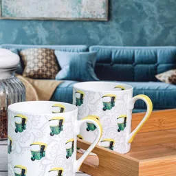 GOODHOMES 2 Pieces White & Green Printed Bone China Glossy Coffee Mugs - 360 ML Each-1