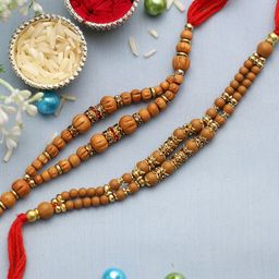 Anouk Set Of 2 Brown Beaded Rakhi With Roli Rice & Greeting Card-image-3