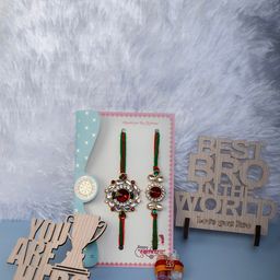 PANASH Gold-Plated Stone-Studded Bhaiya Bhabhi Thread Rakhi With Roli Chawal & Gift Stand-46