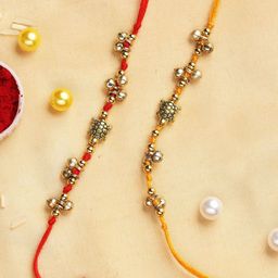 Sangria Gold-Toned Set of 2 Beaded Thread Rakhis With Greeting Card & Roli Chawal-image-19